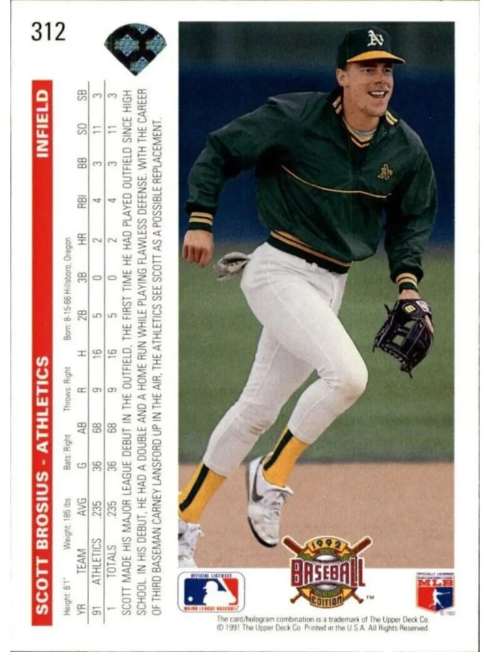 Scott Brosius 1992 Upper Deck MLB #312 Rookie Baseball Card Oakland Athletics